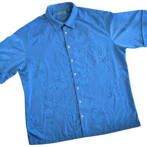 Cubavera Shirt Mens 2XLT Blue Floral Jacquard Short Sleeve Button Up Big & Tall